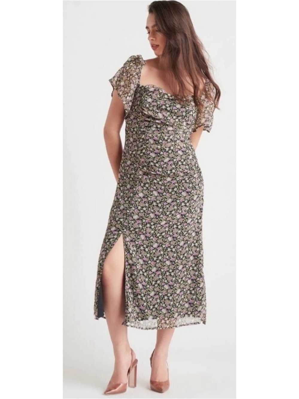 ASTR - Floral Square-Neck Midi Dress in Black and Pink